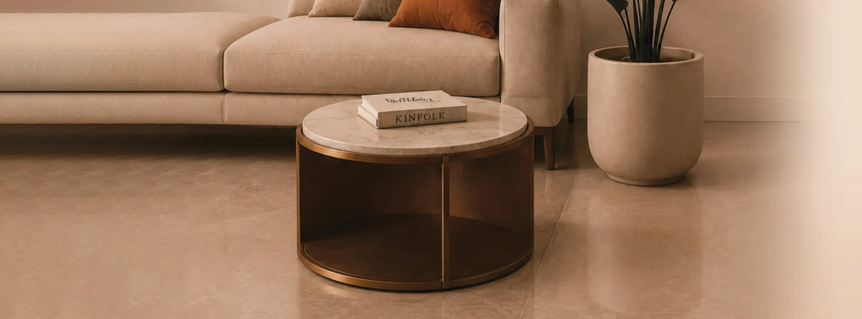 Interior render of a living room with a sofa, side table and plant