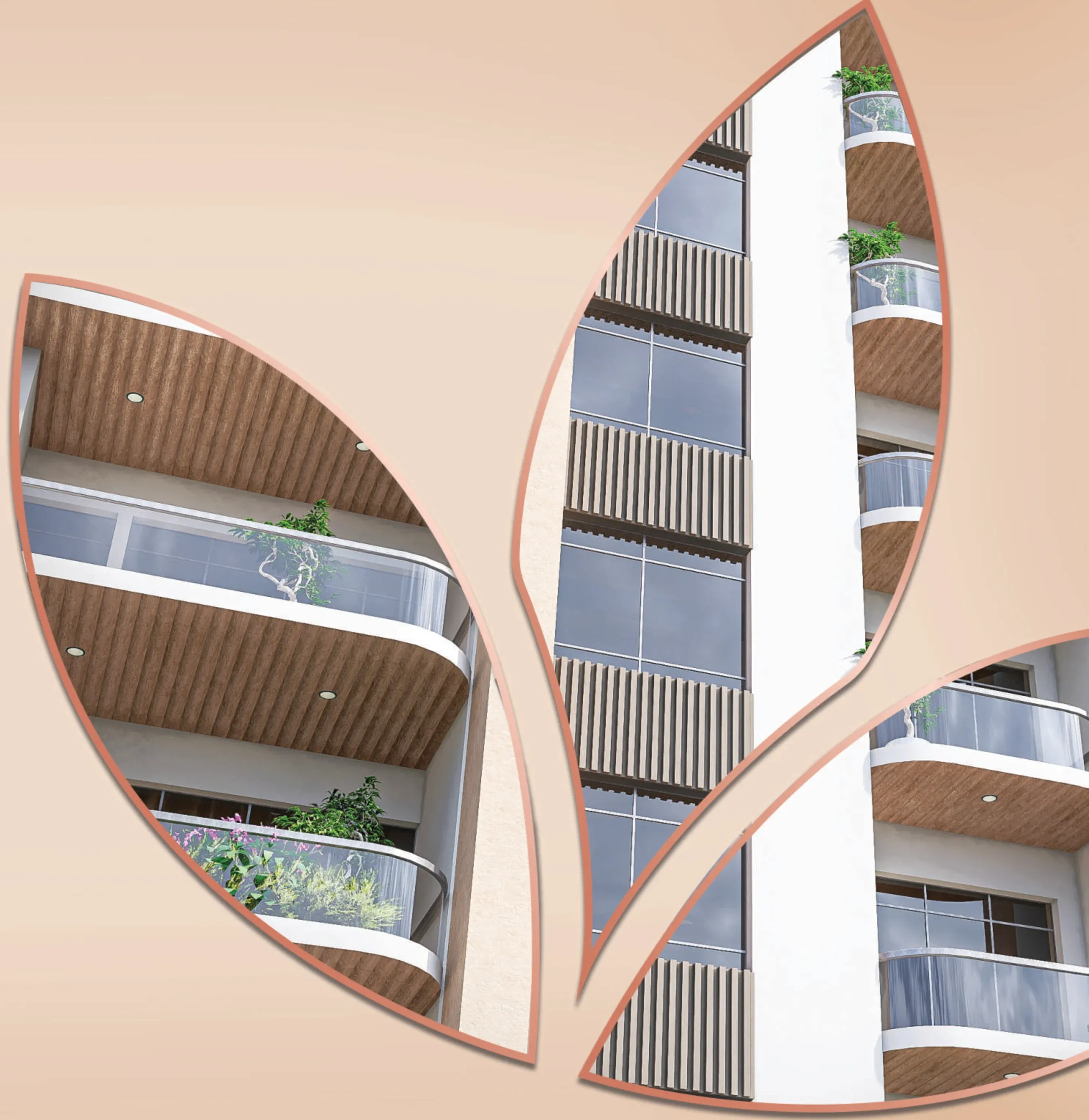 Render detail of the curved balconies and timber soffits, framed in petal shapes