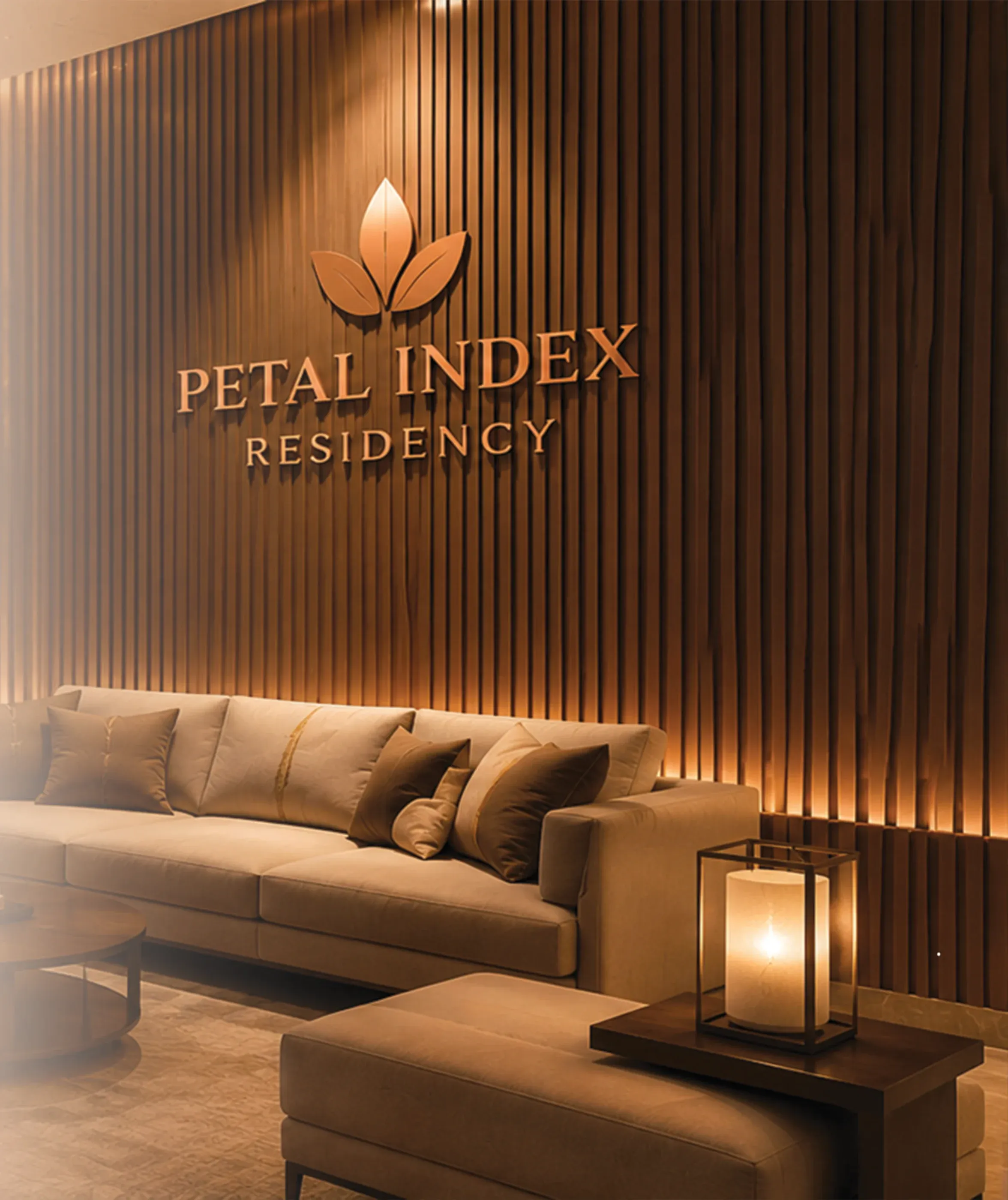 Interior render of the arrival lobby lounge with the Petal Index Residency name on a timber slat wall