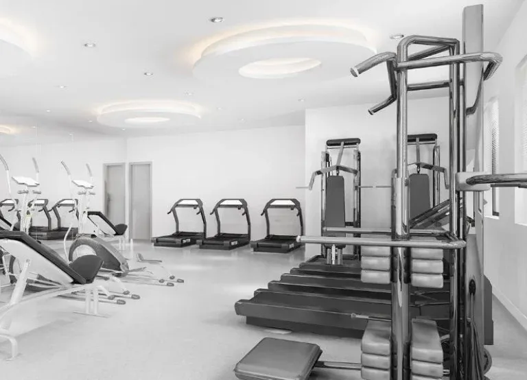 Gymnasium with treadmills and weight machines. Illustrative image from the developer's catalogue, not the building itself