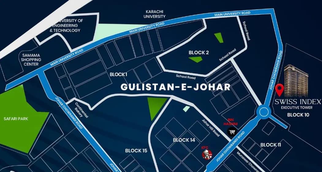 Location artwork marking Swiss Index Executive Tower in Block 10, Gulistan-e-Johar, with Main University Road, Karachi University and Blocks 1, 2, 11, 14 and 15 labelled