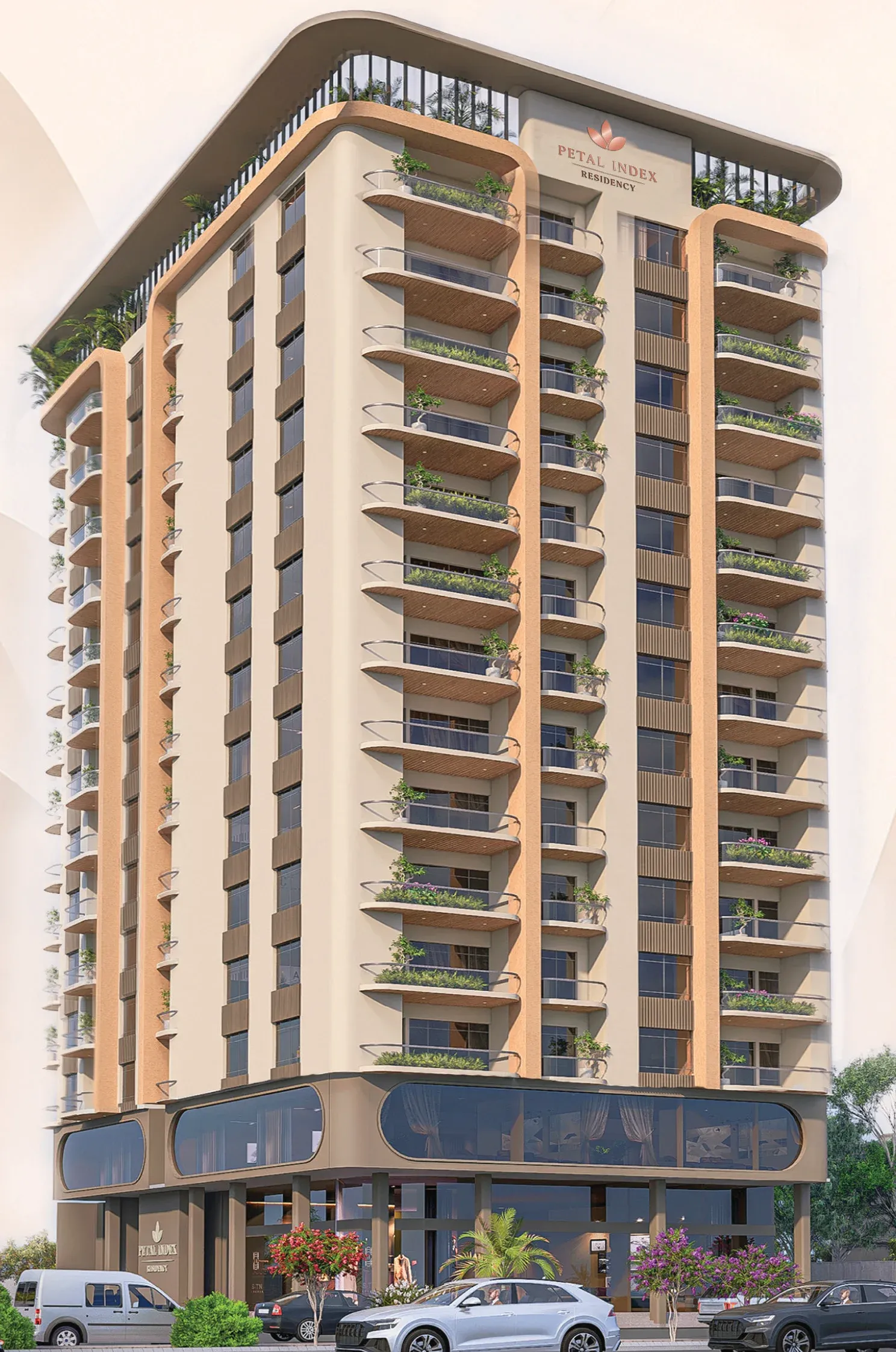 Architectural render of Petal Index Residency by day, a residential tower with curved balconies and a two level glazed podium
