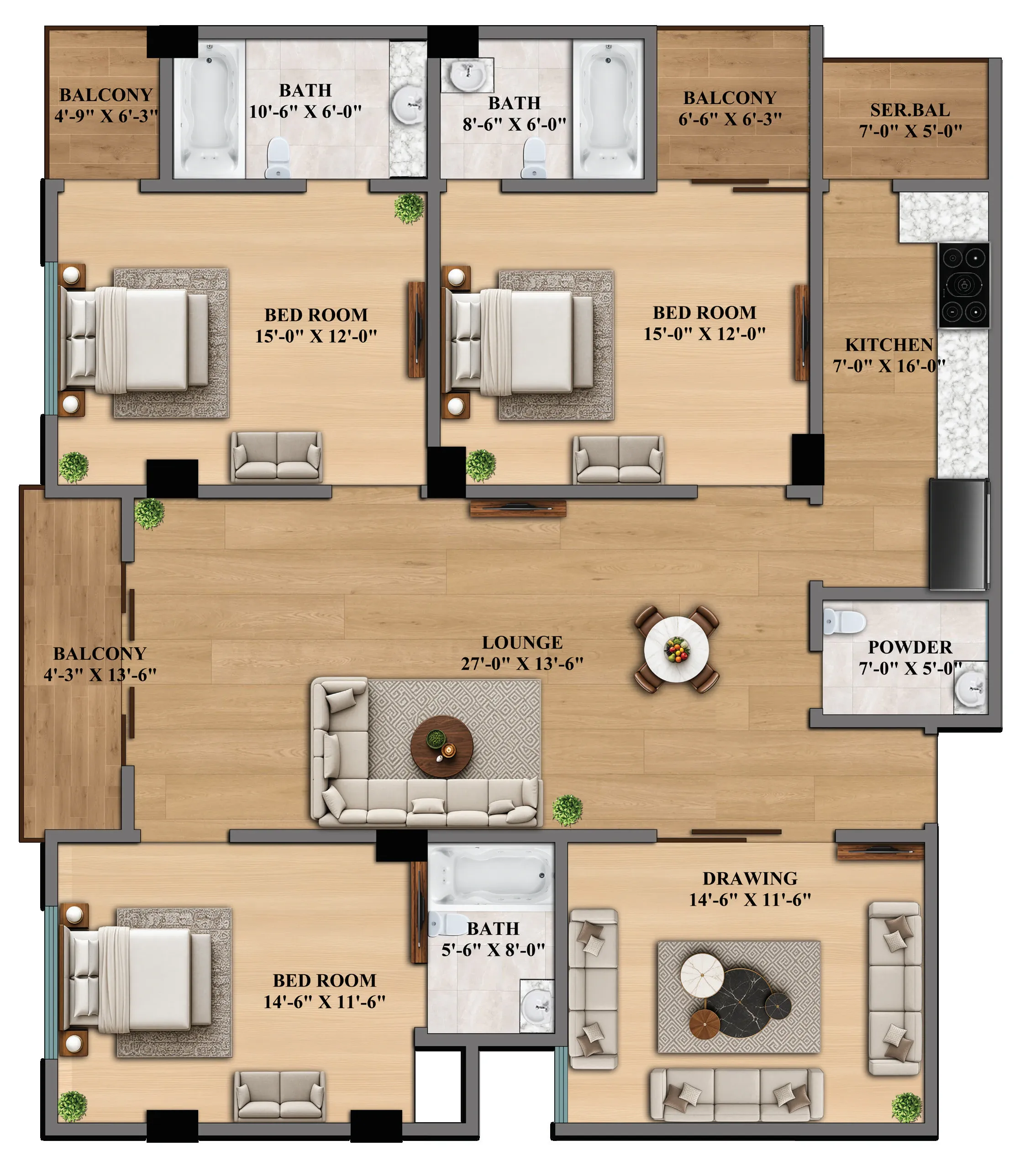 Floor plan of the Rose apartment with room dimensions