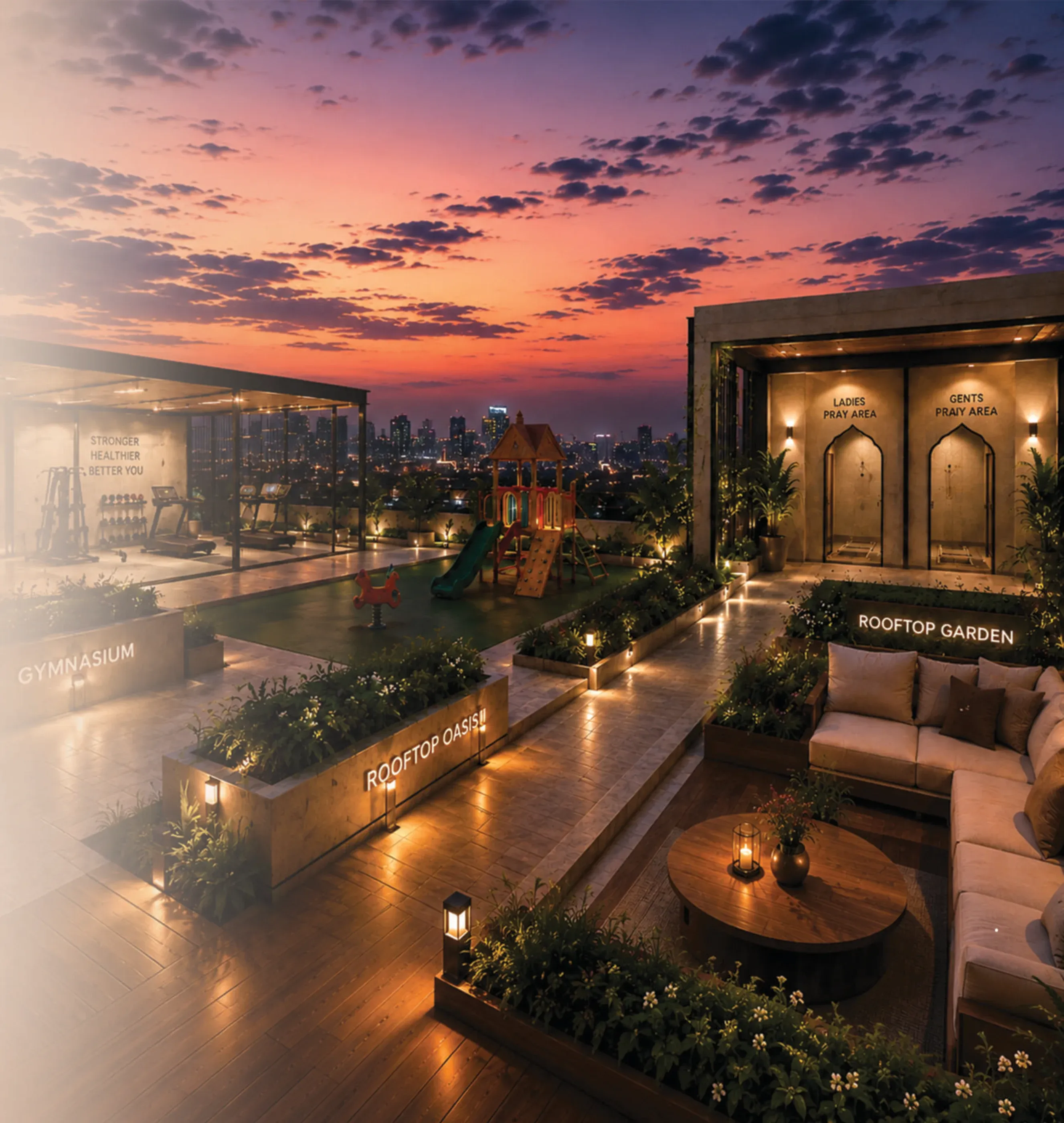 Render of the rooftop at dusk with the gymnasium, play area, prayer areas, garden seating and walkways
