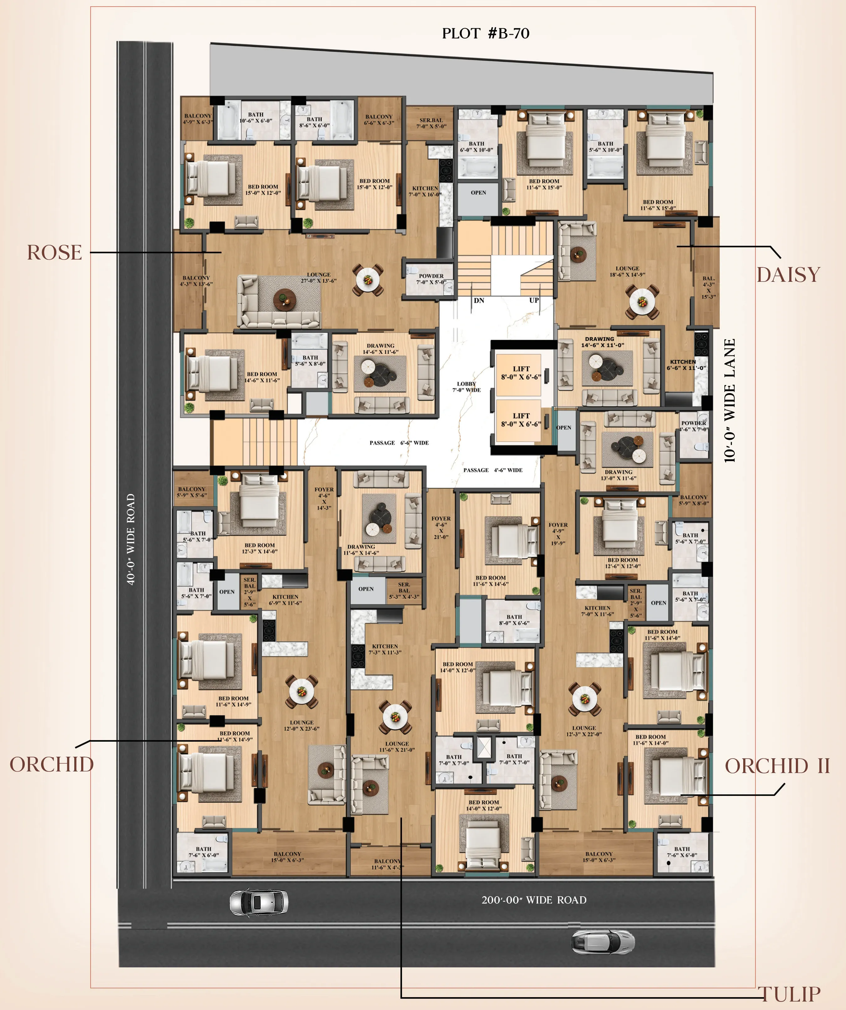 Typical floor plan of Petal Index Residency showing the Rose, Daisy, Orchid, Tulip and Orchid II apartments around a central lobby with two lifts