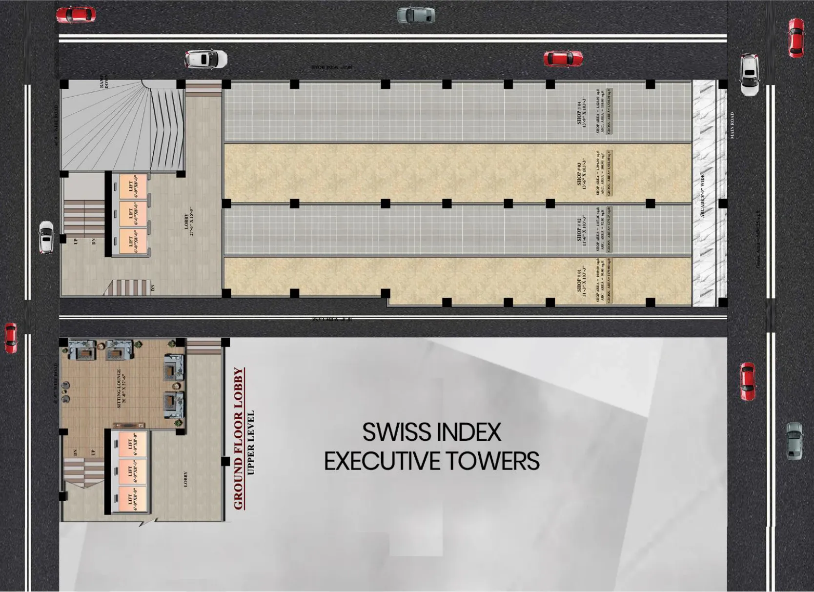 Ground floor layout plan with the lobby, three lifts, ramp to the basement, four showrooms on an 8 ft arcade, and the upper lobby level with a sitting lounge
