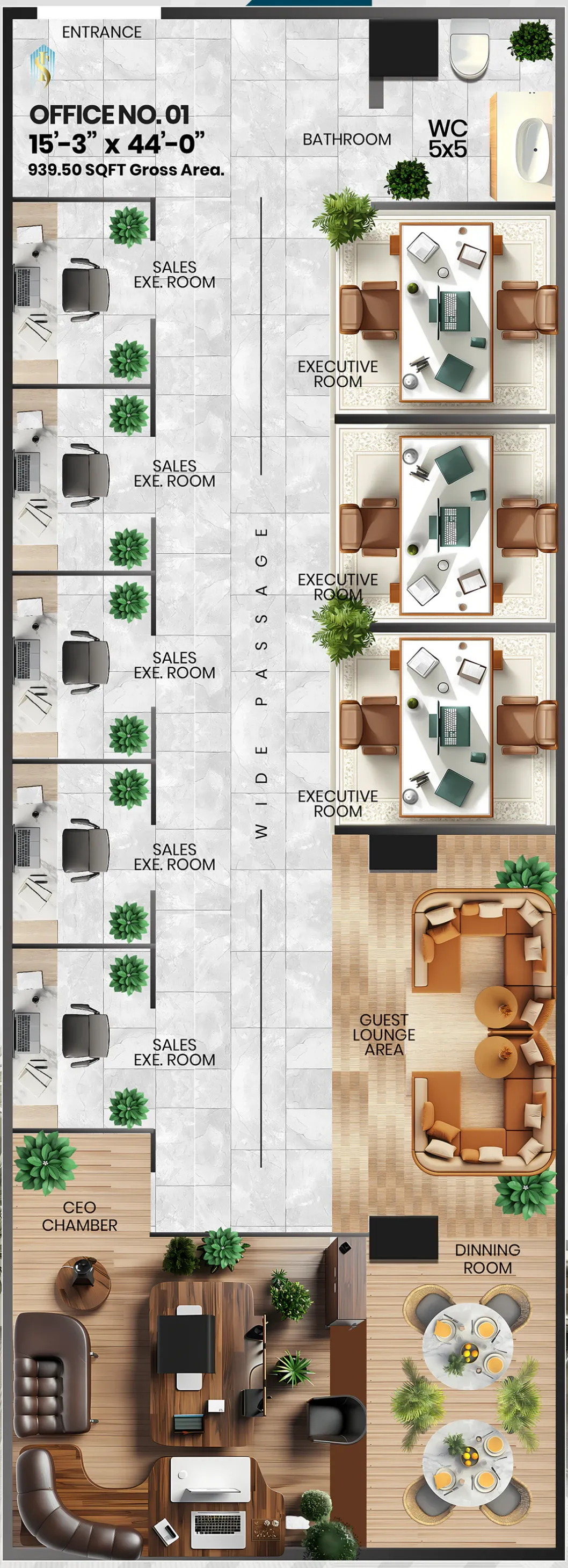 Indicative furnished layout of Office 01, 15 ft 3 in by 44 ft