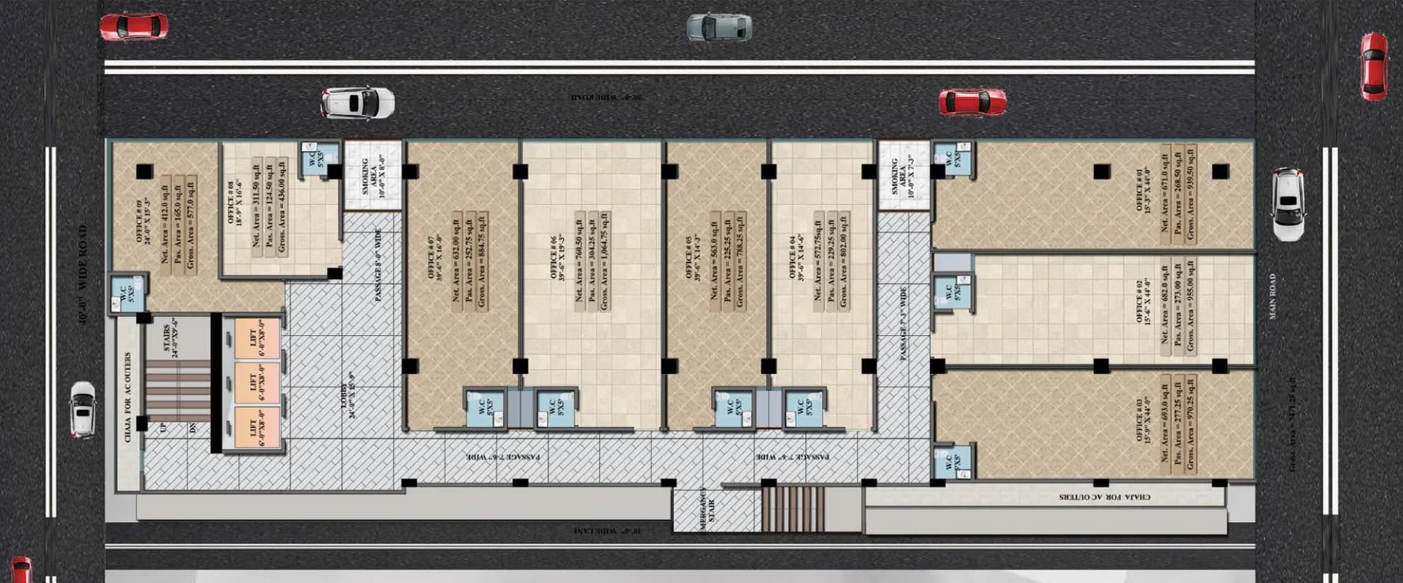 Typical floor plan with offices 01 to 09, each with a washroom, the lobby with three lifts, two smoking areas and an emergency stair
